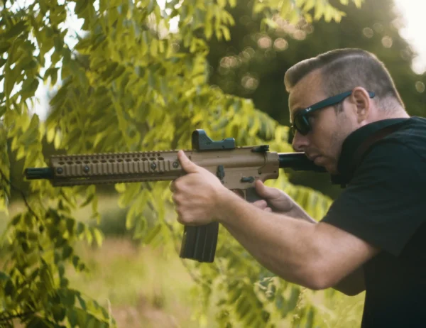 Crosman Open Red Dot Sight 0290RD Outdor Lifestyle Mounted onto Full Auto BB Gun Being Shot on Sunny Day